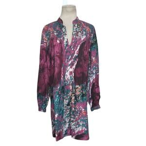 Aoyama Itchombe purple green floral long sleeves pleated dress size M